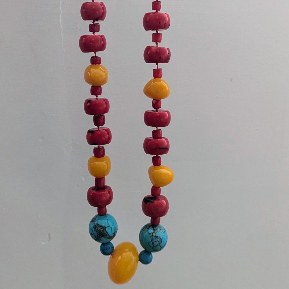 Turquoise, Coral And Amber Necklace